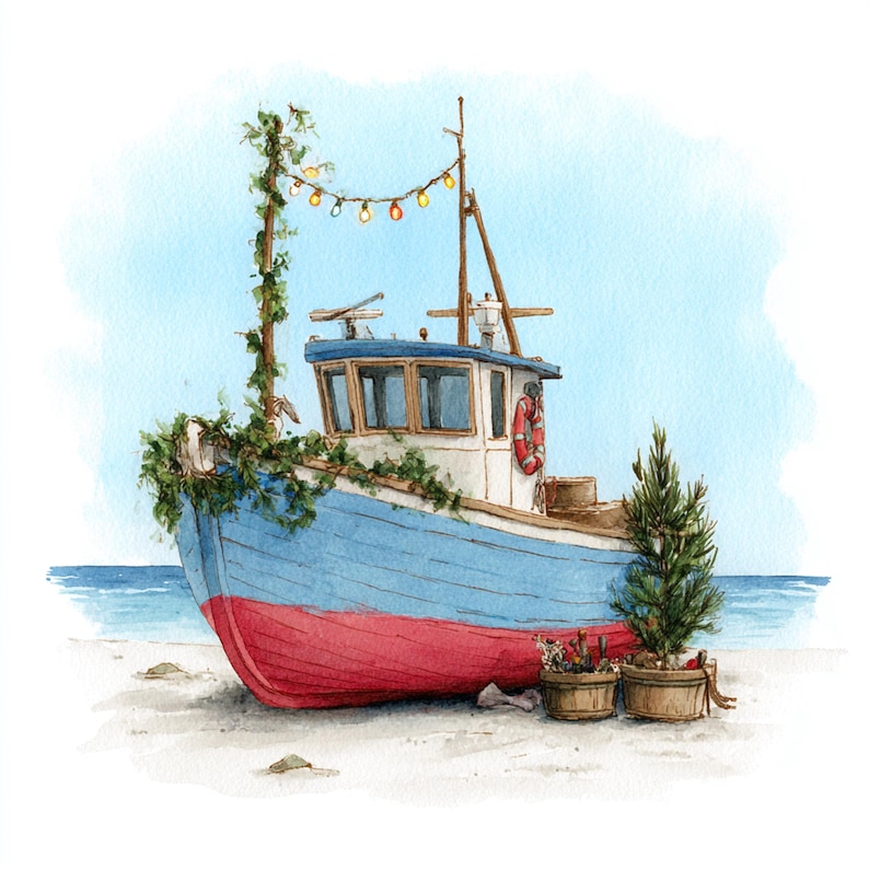 May include: Watercolor painting of a blue and red boat decorated with greenery and string lights. A small Christmas tree and flower pots sit on the sand. A life preserver hangs on the side of the boat. The boat is on a beach with the ocean in the background.