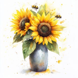 May include: Watercolour painting of sunflowers in a grey vase. The sunflowers have bright yellow petals and dark brown centres. Two bees fly near the flowers. Green leaves and yellow paint splatters complete the floral arrangement.