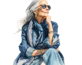 12 imprimable aquarelle femme senior, femme âgée aux cheveux longs, grand-mère moderne à la mode, usage commercial, mode femme aînée