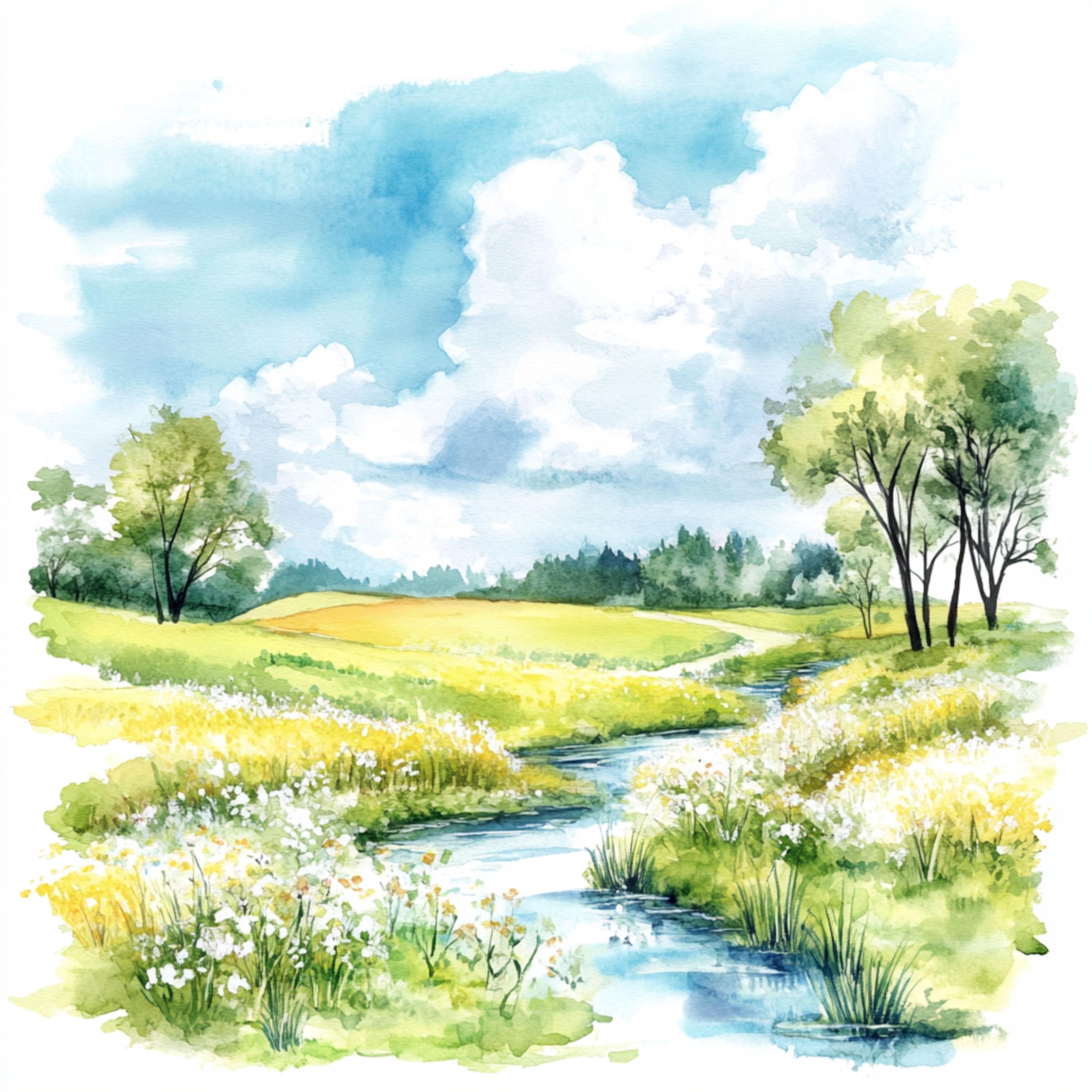 10 印刷可能な春の風景画、水彩風景画、川岸アート、水彩クリップ
