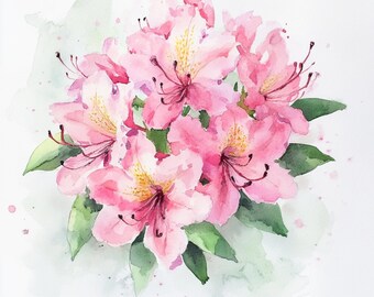 10 枚の印刷可能なツツジの水彩画、ピンクのシャクナゲ、水彩画の