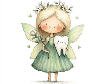 10 Printable Tooth Fairy Clipart, Tooth Fairy with Tooth, Charming and Whimsical Illustration, Watercolor clipart, commercial use