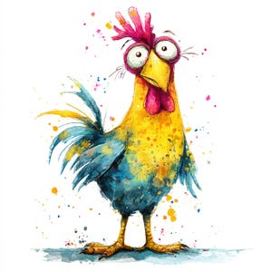 May include: A colourful watercolour illustration of a rooster with exaggerated features. The rooster has a yellow body with blue and orange accents, a red comb, and large, expressive eyes. Splatter effects add to the playful design.