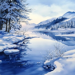 10 utskrivbara vintersjölandskap, akvarell clipart, juldekor, utskrivbar JPG, snöigt sjölandskap, kommersiellt bruk, vinterberg