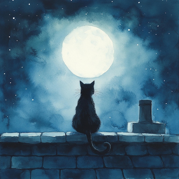 10 印刷可能な月光の黒猫、黒猫のプリント、魔女の壁アート、月光の