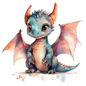 May include: A watercolor painting of a cute blue and orange dragon with large wings. The dragon has big eyes and a friendly expression.