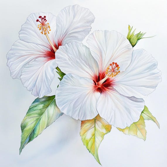 印刷可能な白いハイビスカスの花の装飾、水彩画、ハイビスカスの植物