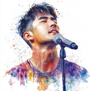 Aquarela Cantando homem asiático, jovem cantor, arte de menino asiático, clipart de aquarela, download digital, fabricação de cartão de gritting, músico vocal