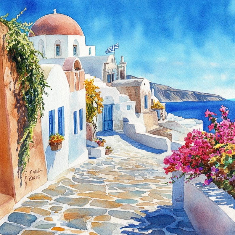 May include: A watercolor painting of a whitewashed street in a Greek village. The street is lined with white buildings with blue doors and windows. The street is cobblestone and leads to a view of the ocean. There are pink flowers in bloom on the right side of the image.