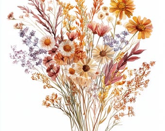 Décoration imprimable fleurs séchées, fleurs séchées à l'aquarelle, art botanique de fleurs sauvages, clipart, conception de fleurs sèches des prés, bouquet de fleurs