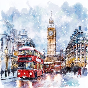 London City kerstkaart, aquarel Soho district, London Trafalgar square, 10 illustraties, afdrukbare JPG's, commercieel gebruik, Winter City-kunst
