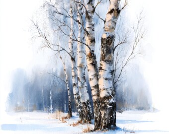 10枚の印刷可能な冬の白樺、水彩画、クリスマスの装飾、雪景色、商用