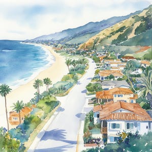 10 paisajes de la costa de Malibú para imprimir, arte de California, arte del océano de Malibú, clip art del océano de Malibú, arte de paisajes de playas del Pacífico