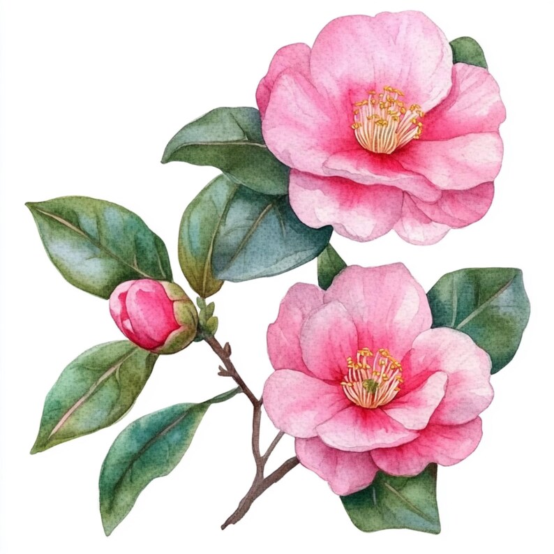 May include: A watercolor painting of a pink camellia flower branch with two open flowers and one bud. The flowers have yellow centers and the leaves are green.