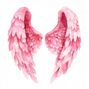 May include: Watercolor illustration of two pink angel wings. The wings are depicted with a soft, feathered texture, showcasing a gradient of pink hues, from light to deep rose. The artwork is set against a clean white background.