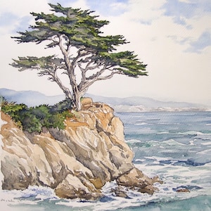 10 Printable California cypress tree, cypress tree art, Ocean coast art, Watercolor ocean Clip Art, Pasific beach landscape art