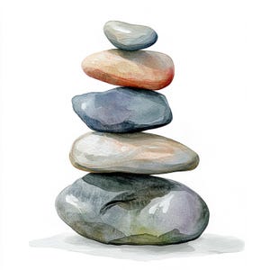 May include: A stack of five smooth, gray and brown stones balanced on top of each other. The stones are arranged in a pyramid shape, with the largest stone at the bottom and the smallest stone at the top.