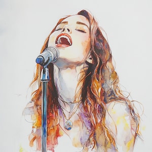 Chica cantante en acuarela, joven cantante, hermosa chica cantante, clipart de acuarela, JPG de alta calidad, descarga digital, creación de tarjetas
