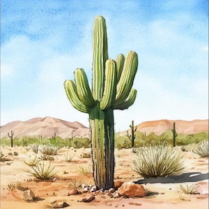 10 Printable Cactus in Desert Landscape, watercolor Images, Cactus botanical art, Cactuses decor, Paper design, Cactus in Desert Landscape