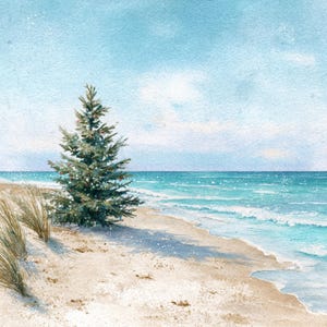 May include: Watercolor painting of a Christmas tree on a sandy beach with ocean waves. The tree is decorated with small red and white ornaments. The sky is a light blue with white clouds. The beach has tan sand and some tall grass.