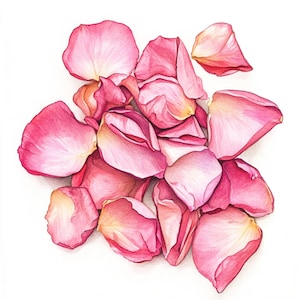 May include: A cluster of pink rose petals, scattered on a white background. The petals are soft and delicate, with a slightly ruffled texture.
