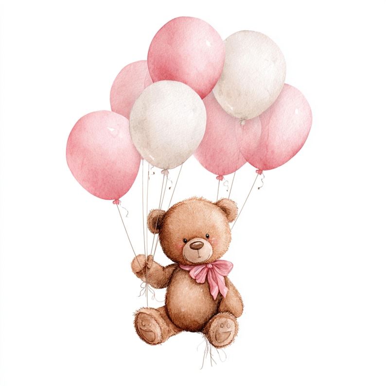 12 Printable Pink Teddy Bear Clipart, Watercolor Air Balloons Print ...