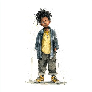 Könnte beinhalten: Aquarellillustration eines jungen Menschen mit schwarzen Dreadlocks, der ein gelbes T-Shirt, eine Jeansjacke, eine graue Hose und gelbe Turnschuhe trägt. Eine silberne Halskette ist sichtbar. Das Kunstwerk hat einen Farbspritzer-Effekt.