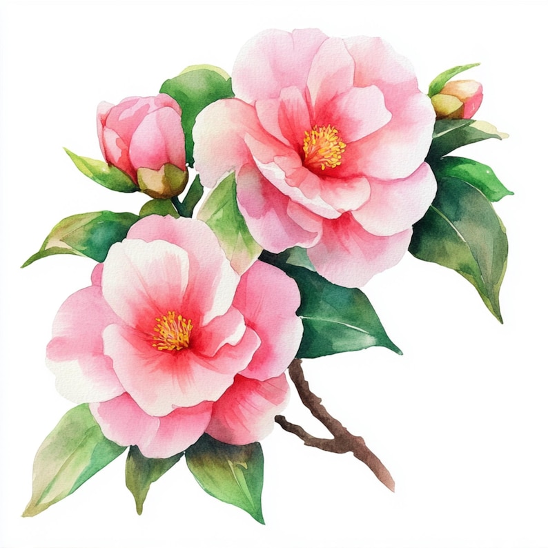 May include: A watercolor painting of pink camellia flowers with green leaves. The flowers are in bloom and have a delicate, feminine appearance.