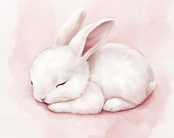 印刷可能な眠っているウサギ、水彩画のウサギ、雲の上で眠っている
