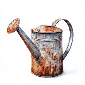 May include: A rusty metal watering can with a brown handle and a spout with holes. The can has a worn, aged look.