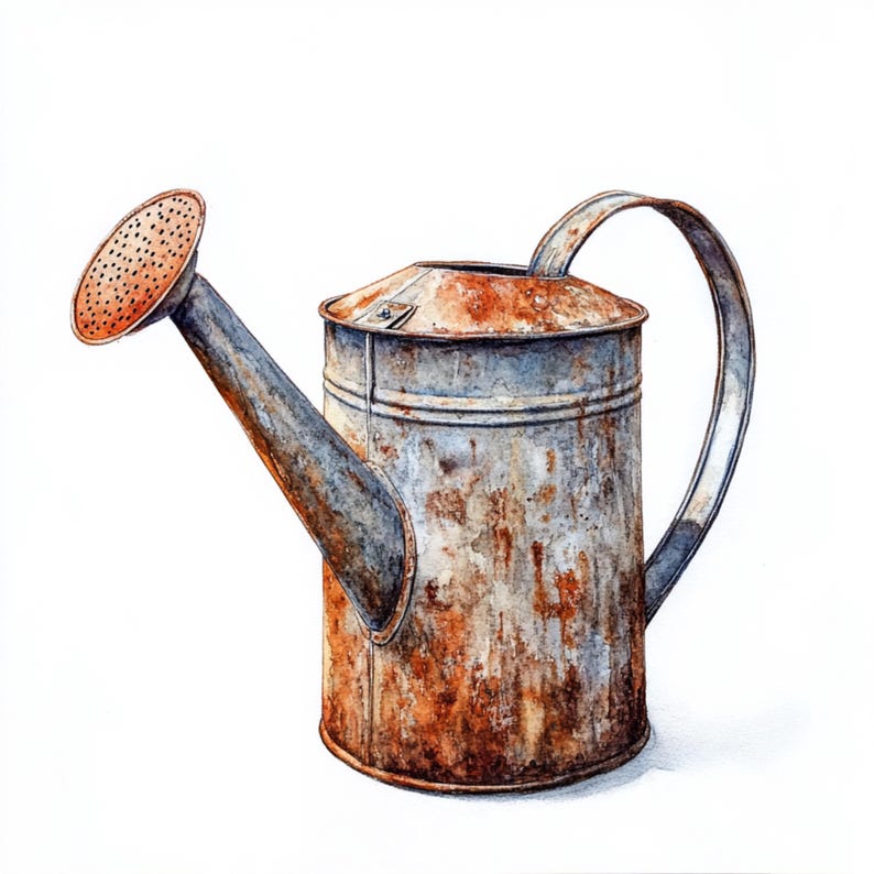 May include: A rusty metal watering can with a brown handle and a spout with holes. The can has a worn, aged look.