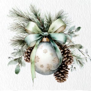 以下が含まれることがあります： 水彩画のイラスト。ライトブルーのリボン、松葉、松ぼっくりが付いたクリスマスオーナメント。オーナメントは白で、金色の雪の結晶のデザインです。全体的なテーマはホリデーデコレーションです。