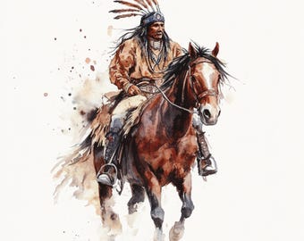 10 Amérindien imprimables à cheval, cavalier indien, clipart aquarelle, JPG de haute qualité, téléchargement numérique, art amérindien