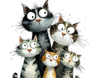 14 chats fantaisistes à imprimer, aquarelles drôles de chats, chats de la famille, pittoresque chat fou, chat stupide carte aquarelle, usage commercial, clipart chaton