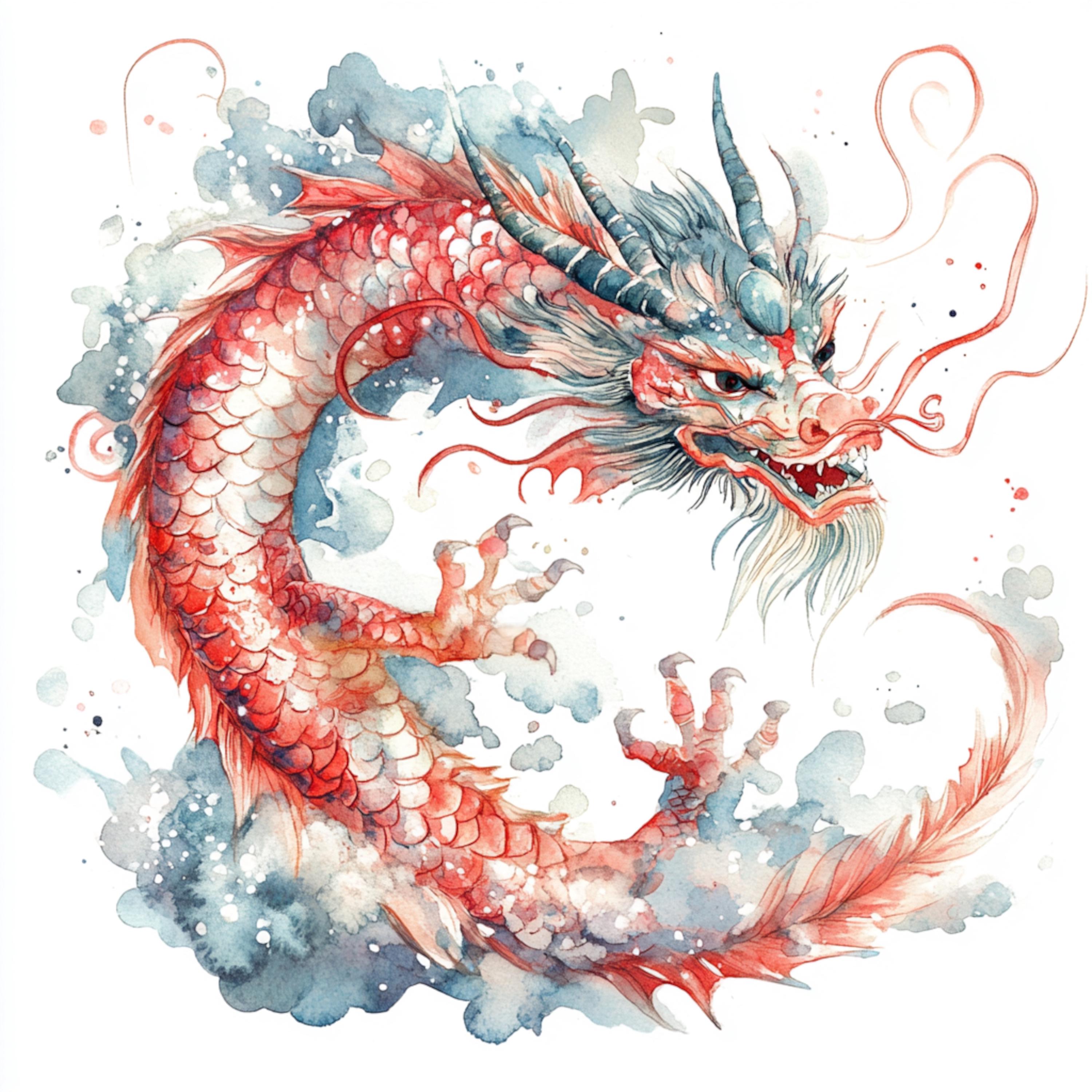 印刷可能な中国のドラゴンのクリップアート、ドラゴンの水彩画アート