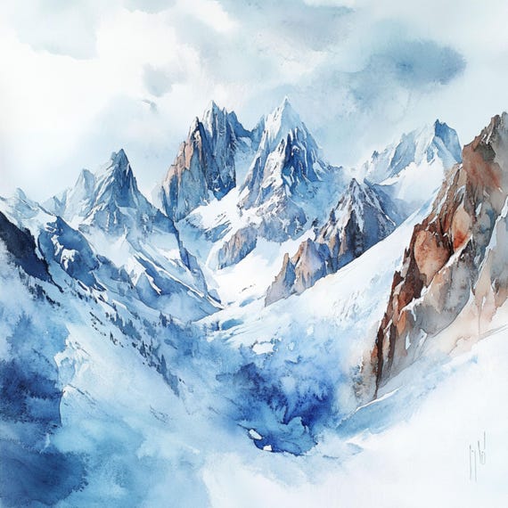 Winter Mountains Landscape, Watercolor Snowy Mountain, Christmas