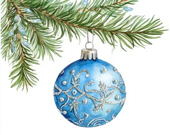 10 Printable Christmas ornament, watercolor ornament, Christmas Clipart, Instant Download, Commercial Use, Blue tree ornament