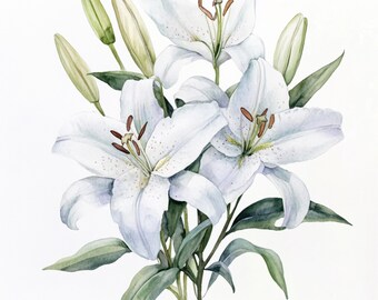 白いユリの貼り絵 10 枚の印刷可能な白いユリの花、水彩画のユリ、植物のユリのアート