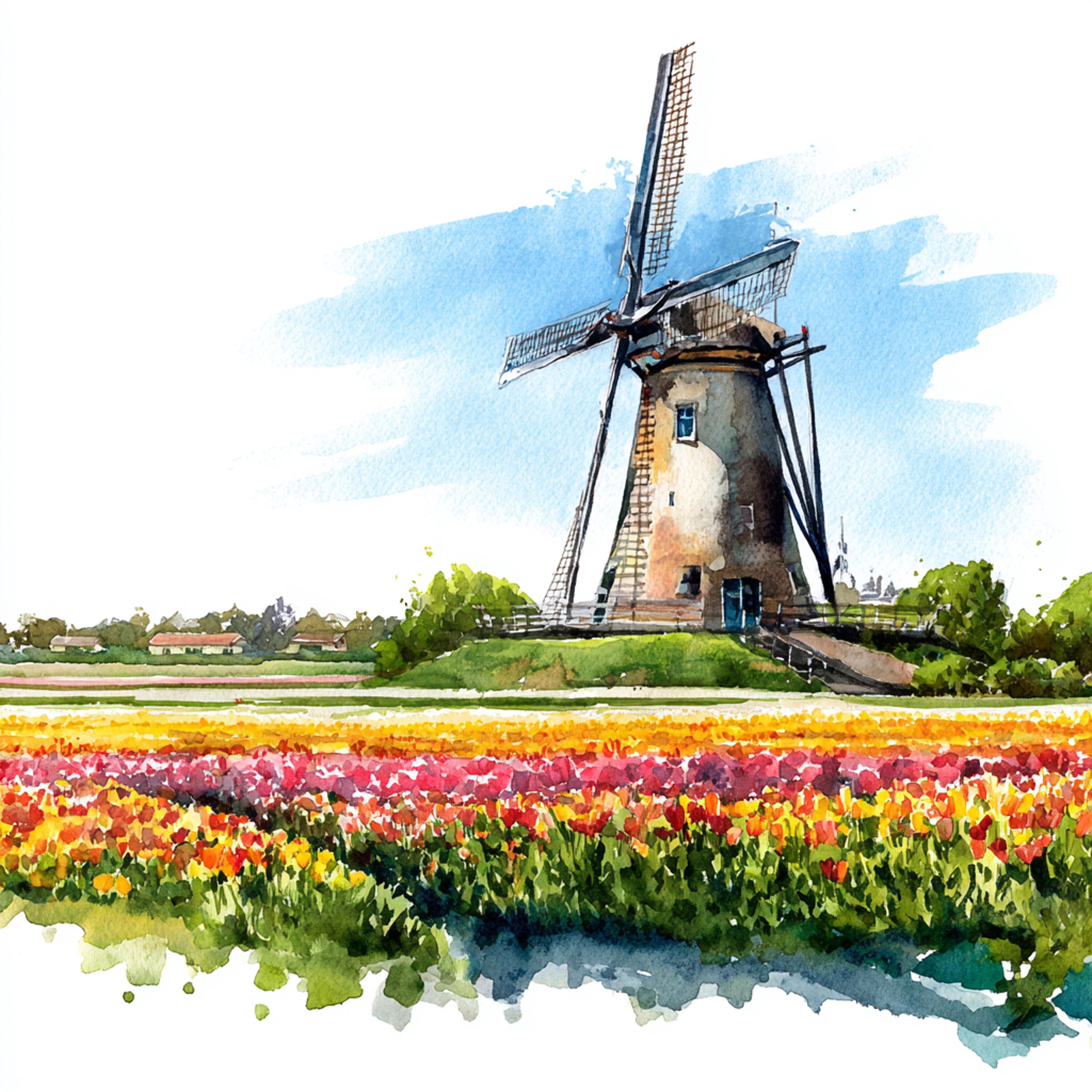 12 Printable Windmills, Watercolor Windmill and Tulip Fields Clipart