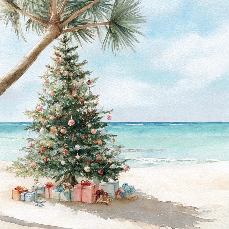 May include: Watercolor painting of a Christmas tree decorated with ornaments on a sandy beach. Presents are at the base of the tree, with a palm tree and ocean in the background. The sky is blue with white clouds.