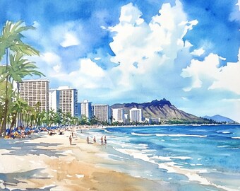 印刷可能なハワイの風景写真10枚、ハワイのビーチの水彩画、ホノルルの