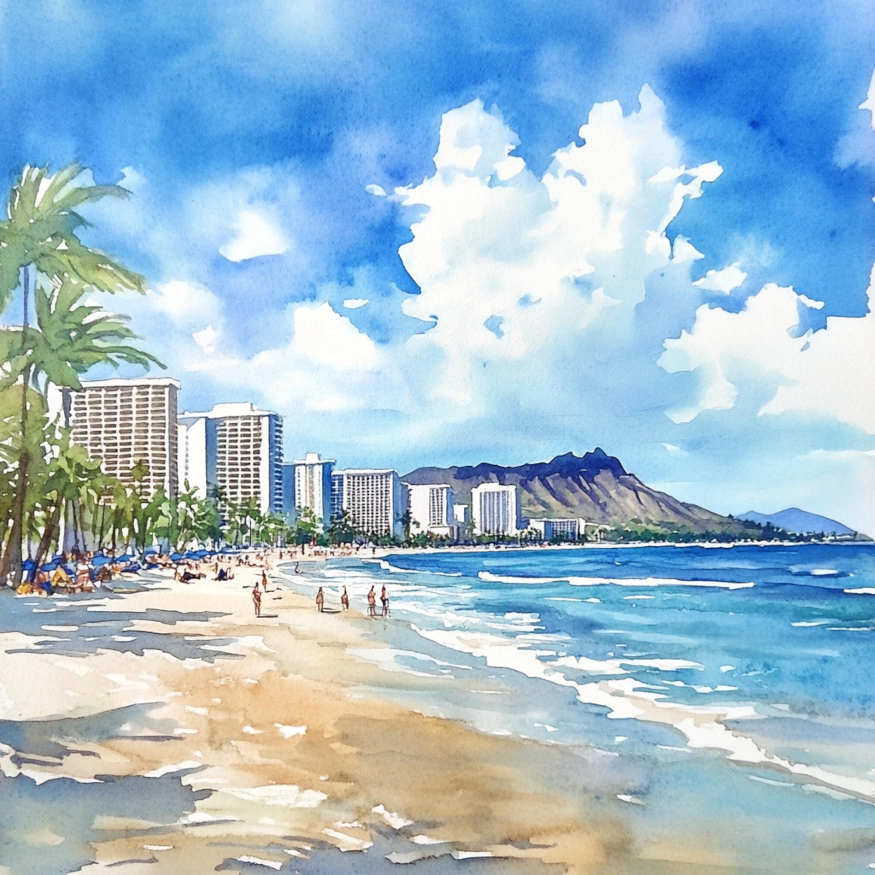 印刷可能なハワイの風景写真10枚、ハワイのビーチの水彩画、ホノルルの