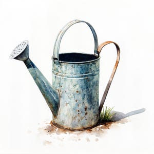 May include: A vintage metal watering can with a rusty patina and a long spout. The can has a handle and a separate handle for carrying. The can is sitting on a light brown surface.