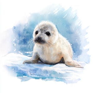 May include: Watercolor painting of a baby seal with a light gray coat and dark eyes. The seal is sitting on a blue and white ice floe, with a soft blue and white background suggesting a snowy environment.