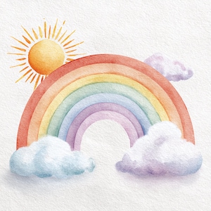 Könnte beinhalten: Aquarellillustration eines Regenbogens mit roten, orangefarbenen, gelben, grünen, blauen und violetten Bögen. Eine gelbe Sonne mit orangefarbenen Strahlen befindet sich oben links. Zwei flauschige weiße und violette Wolken befinden sich unten.