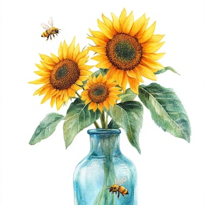 May include: Watercolour painting of sunflowers in a blue glass vase with two bees. The sunflowers have bright yellow petals and dark brown centres. The green leaves and the bees add to the natural theme.