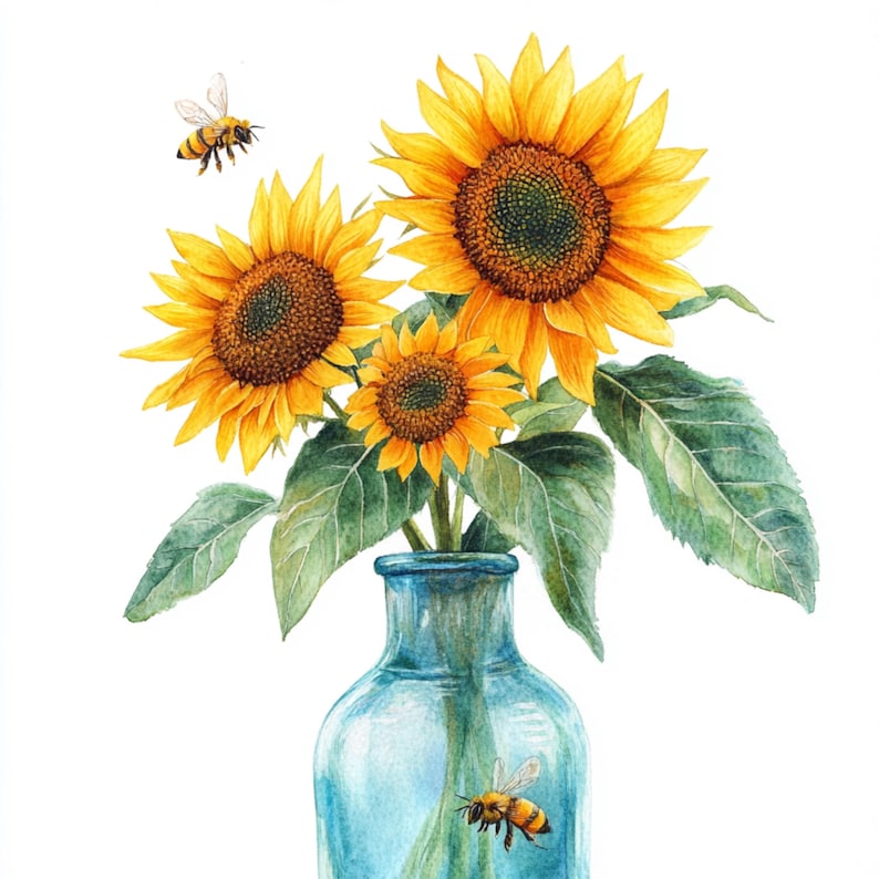 May include: Watercolour painting of sunflowers in a blue glass vase with two bees. The sunflowers have bright yellow petals and dark brown centres. The green leaves and the bees add to the natural theme.