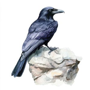 May include: Watercolor illustration of a black raven perched on a light gray rock. The bird has detailed feather textures in shades of black and gray, with a sharp beak and focused gaze. The artwork is set against a white background.