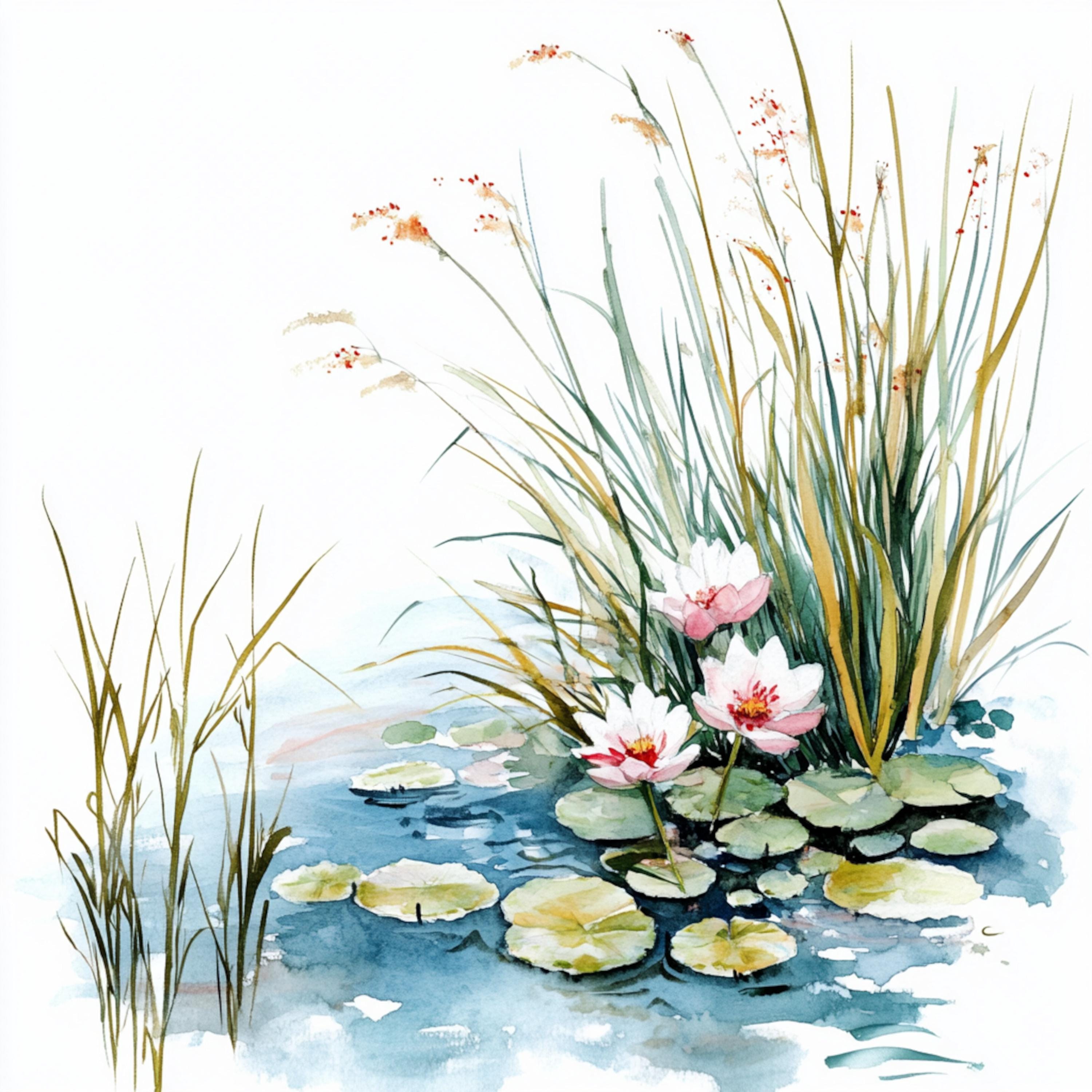 水彩画「池の水草」 池の野生の花10枚（印刷可能）、水彩画の草原の池、野生の花の植物