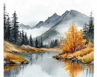 10 印刷可能な霧の山、秋の森のプリント、山の水彩画、秋の風景、商業